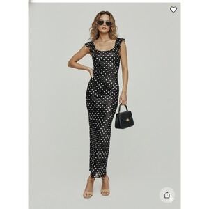 Princess Polly Black White Sandberg Polka Dot Flutter Sleeve Maxi Dress US 12